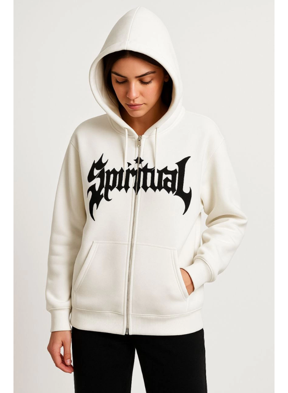 Oversize Kapüşonlu Sweatshirt Hoodie 3 İplik Şardonlu Pamuklu Kumaş, Önü Baskılı, Fermuarlı Rahat Kalıp, Kışlık Ve Sokak Stili Sweat - Beyaz