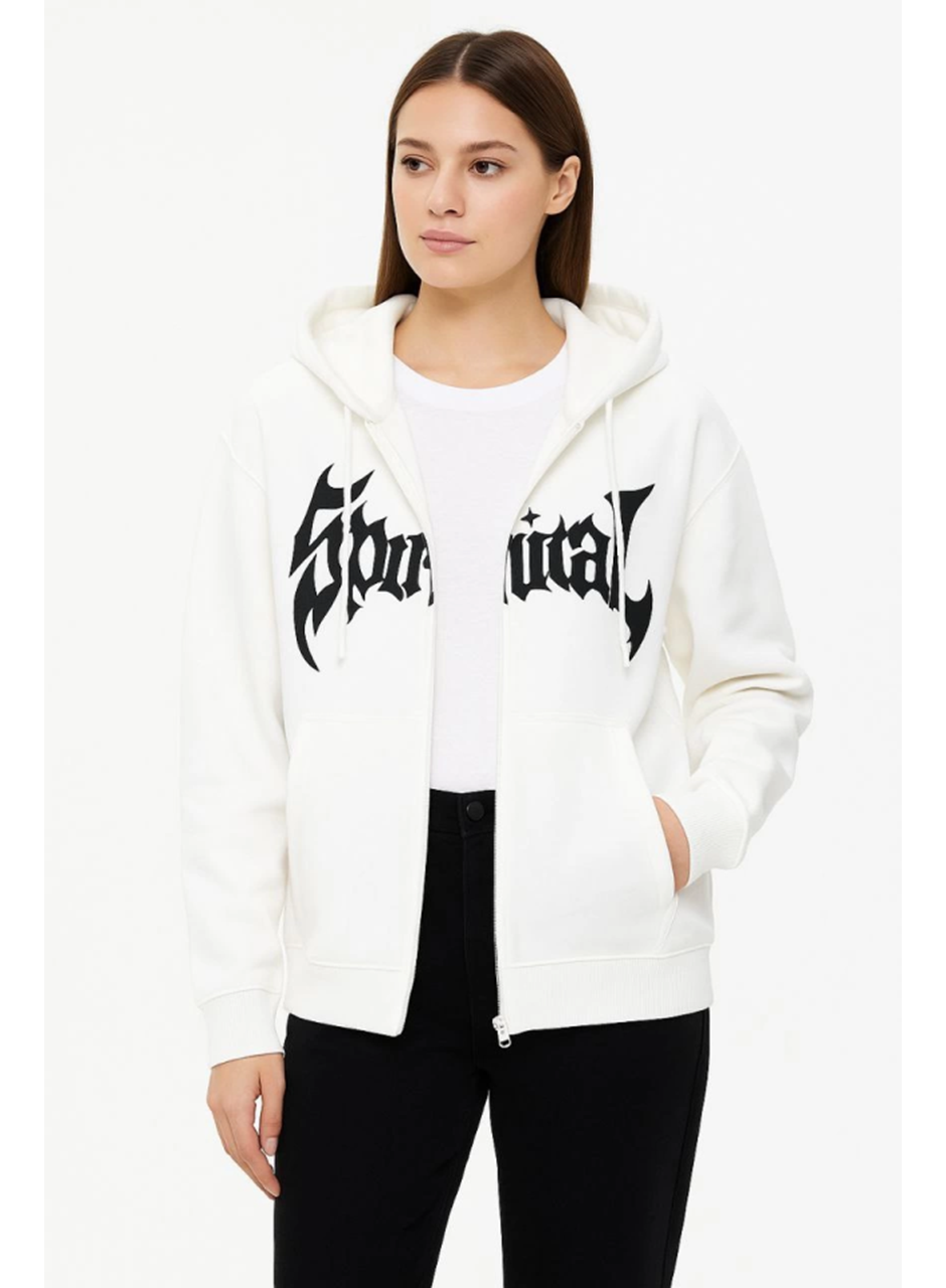 Oversize Kapüşonlu Sweatshirt Hoodie 3 İplik Şardonlu Pamuklu Kumaş, Önü Baskılı, Fermuarlı Rahat Kalıp, Kışlık Ve Sokak Stili Sweat - Beyaz