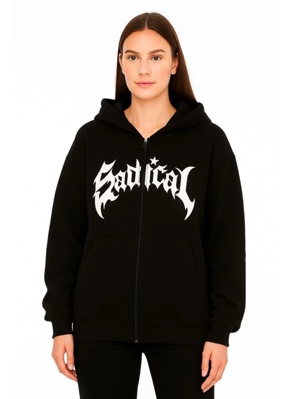 Oversize Kapüşonlu Sweatshirt  Hoodie 3 İplik Şardonlu Pamuklu Kumaş, Önü Baskılı, Fermuarlı Rahat Kalıp, Kışlık Ve Sokak Stili Sweat - Siyah