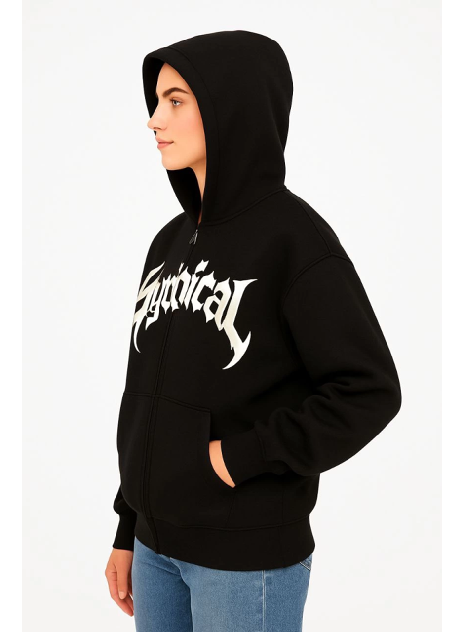 Oversize Kapüşonlu Sweatshirt  Hoodie 3 İplik Şardonlu Pamuklu Kumaş, Önü Baskılı, Fermuarlı Rahat Kalıp, Kışlık Ve Sokak Stili Sweat - Siyah