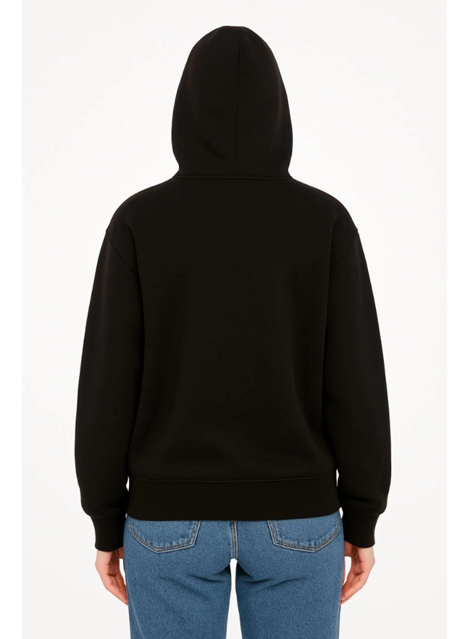 Oversize Kapüşonlu Sweatshirt  Hoodie 3 İplik Şardonlu Pamuklu Kumaş, Önü Baskılı, Fermuarlı Rahat Kalıp, Kışlık Ve Sokak Stili Sweat - Siyah