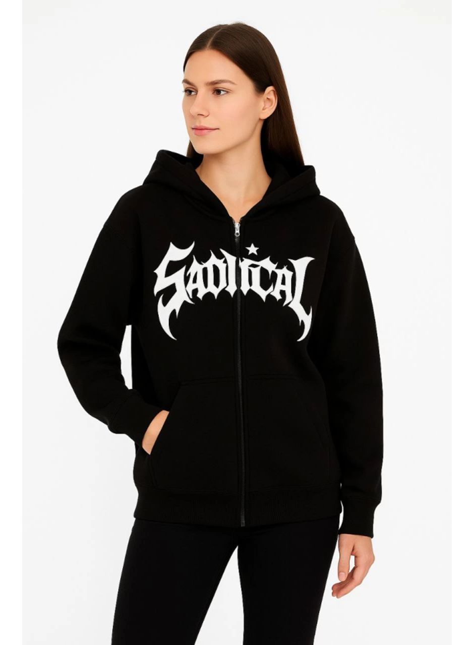 Oversize Kapüşonlu Sweatshirt  Hoodie 3 İplik Şardonlu Pamuklu Kumaş, Önü Baskılı, Fermuarlı Rahat Kalıp, Kışlık Ve Sokak Stili Sweat - Siyah