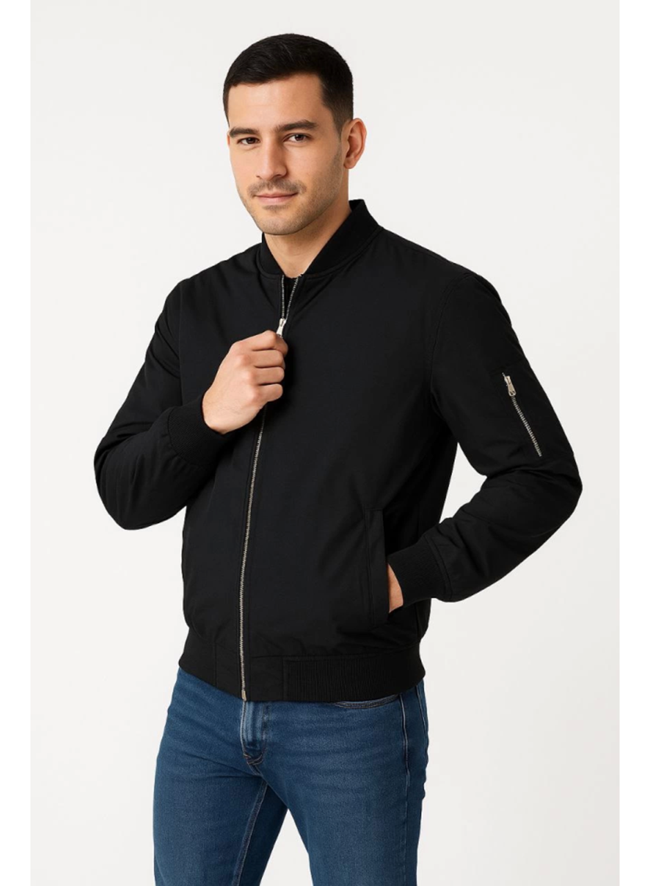 Erkek Içi Astarlı Fermuarlı Bomber Mont Ceket - Siyah