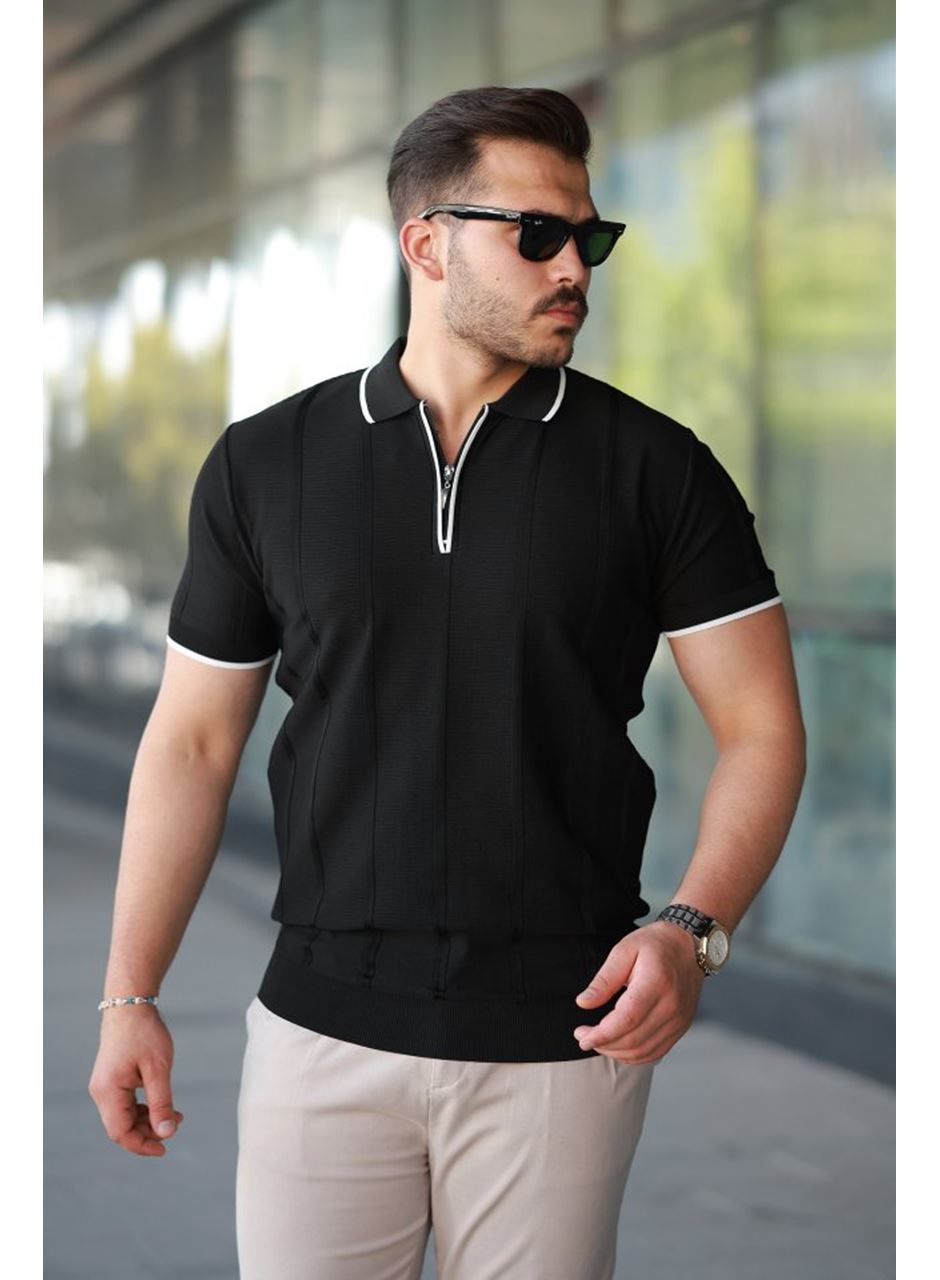 Erkek Dikey Kabartmalı Örgü Dokulu Fermuar Yakalı Tişört