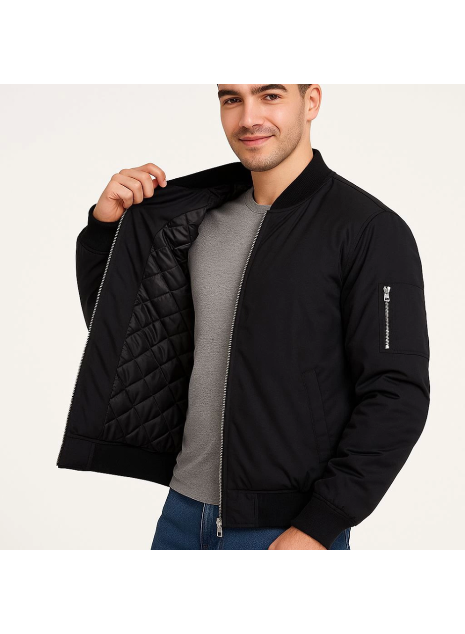 Erkek Içi Astarlı Fermuarlı Bomber Mont Ceket - Siyah