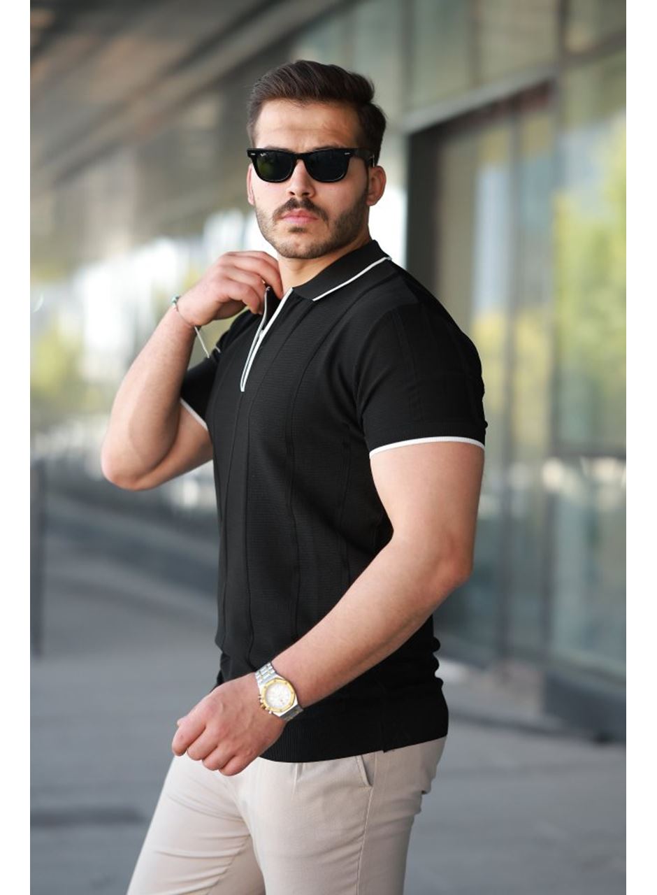 Erkek Dikey Kabartmalı Örgü Dokulu Fermuar Yakalı Tişört