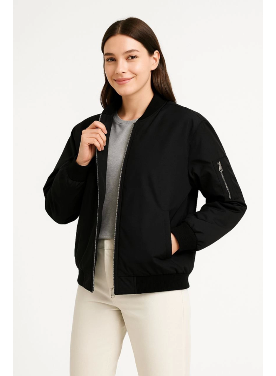 Içi Astarlı Fermuarlı Bomber Mont Ceket - Siyah