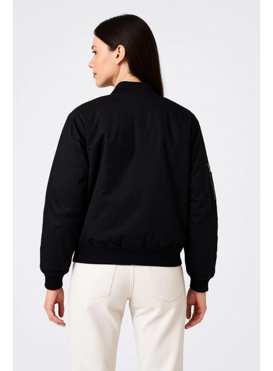 Içi Astarlı Fermuarlı Bomber Mont Ceket - Siyah