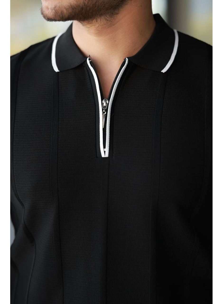 Erkek Dikey Kabartmalı Örgü Dokulu Fermuar Yakalı Tişört