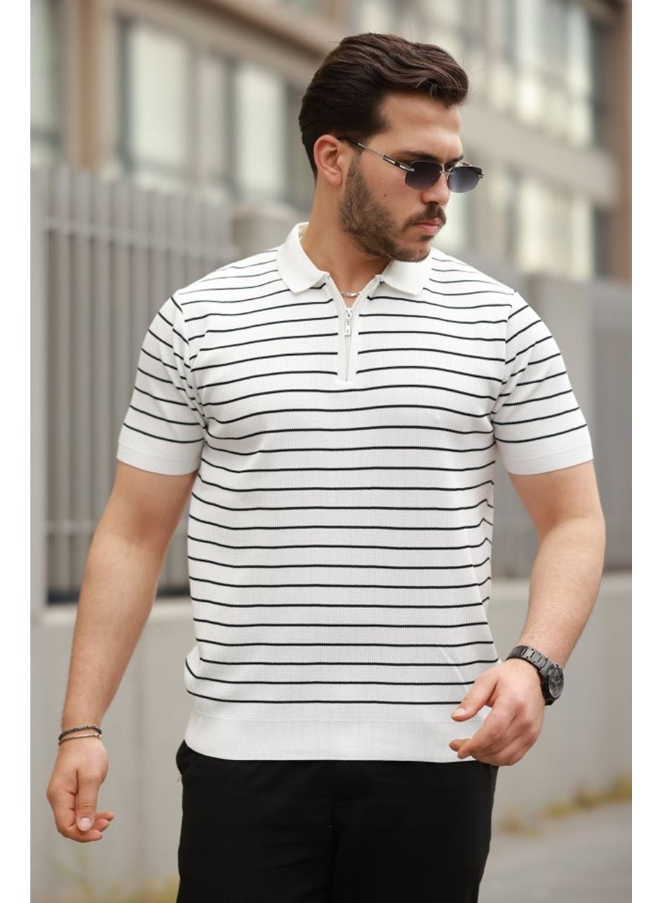 Erkek Fermuar Yakalı çizgili Kısa Kollu T-shirt