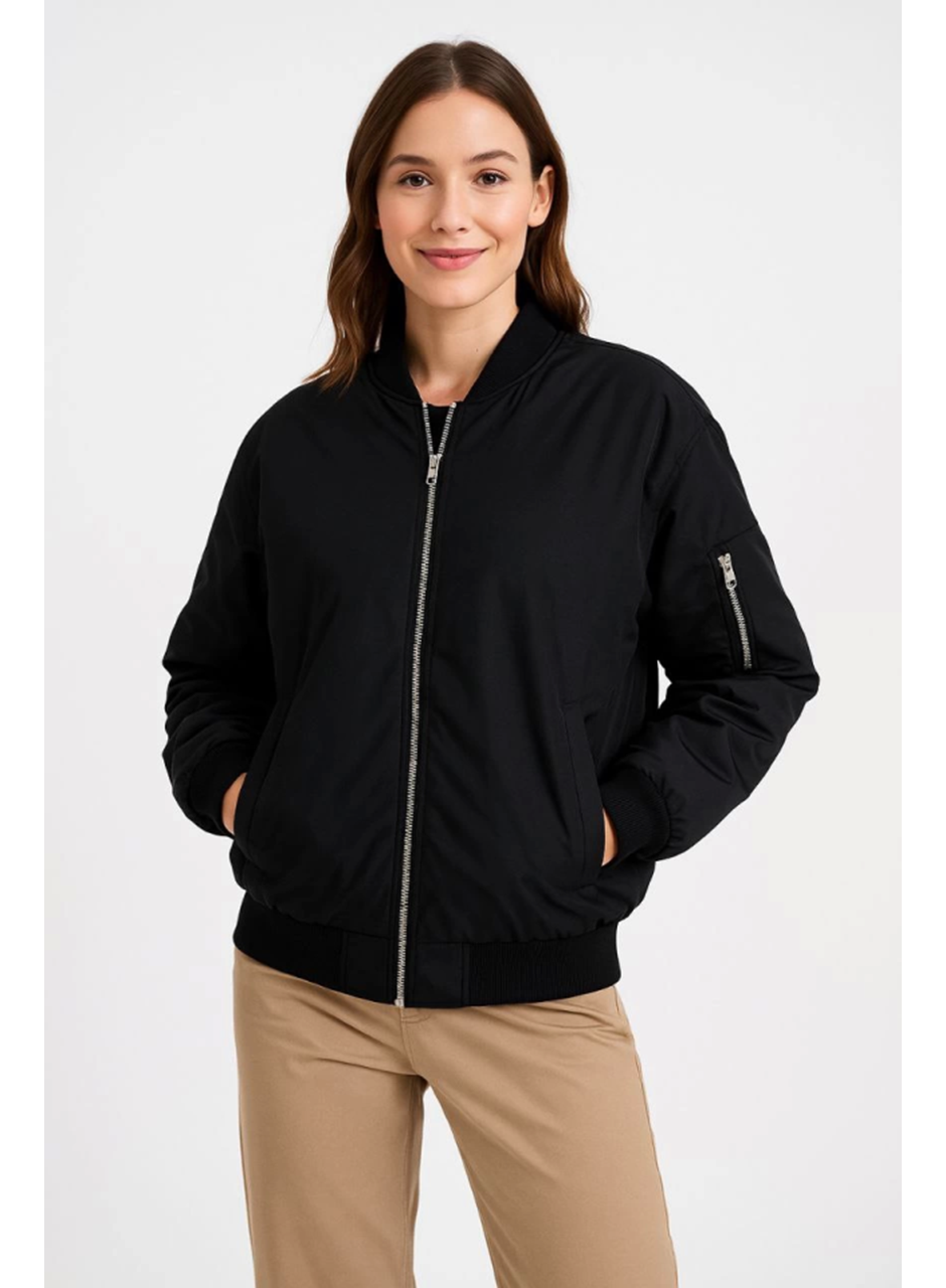 Içi Astarlı Fermuarlı Bomber Mont Ceket - Siyah