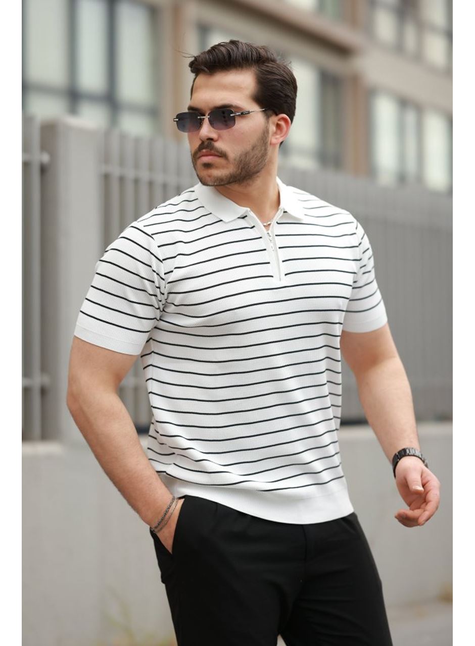 Erkek Fermuar Yakalı çizgili Kısa Kollu T-shirt