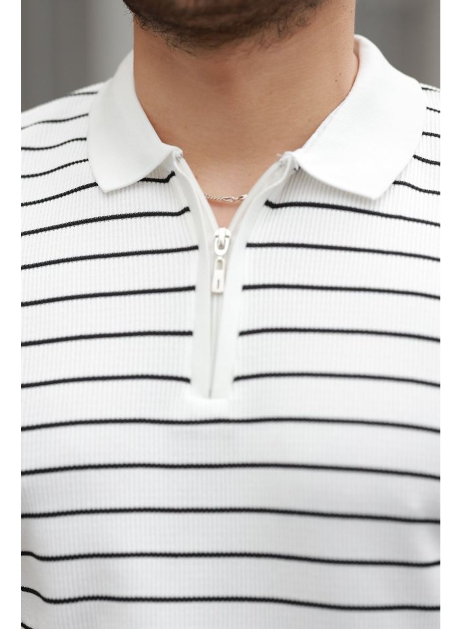 Erkek Fermuar Yakalı çizgili Kısa Kollu T-shirt