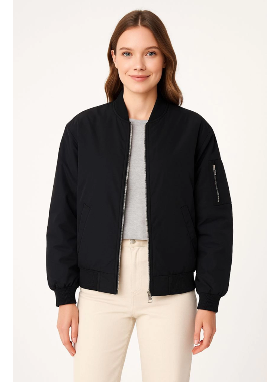 Içi Astarlı Fermuarlı Bomber Mont Ceket - Siyah