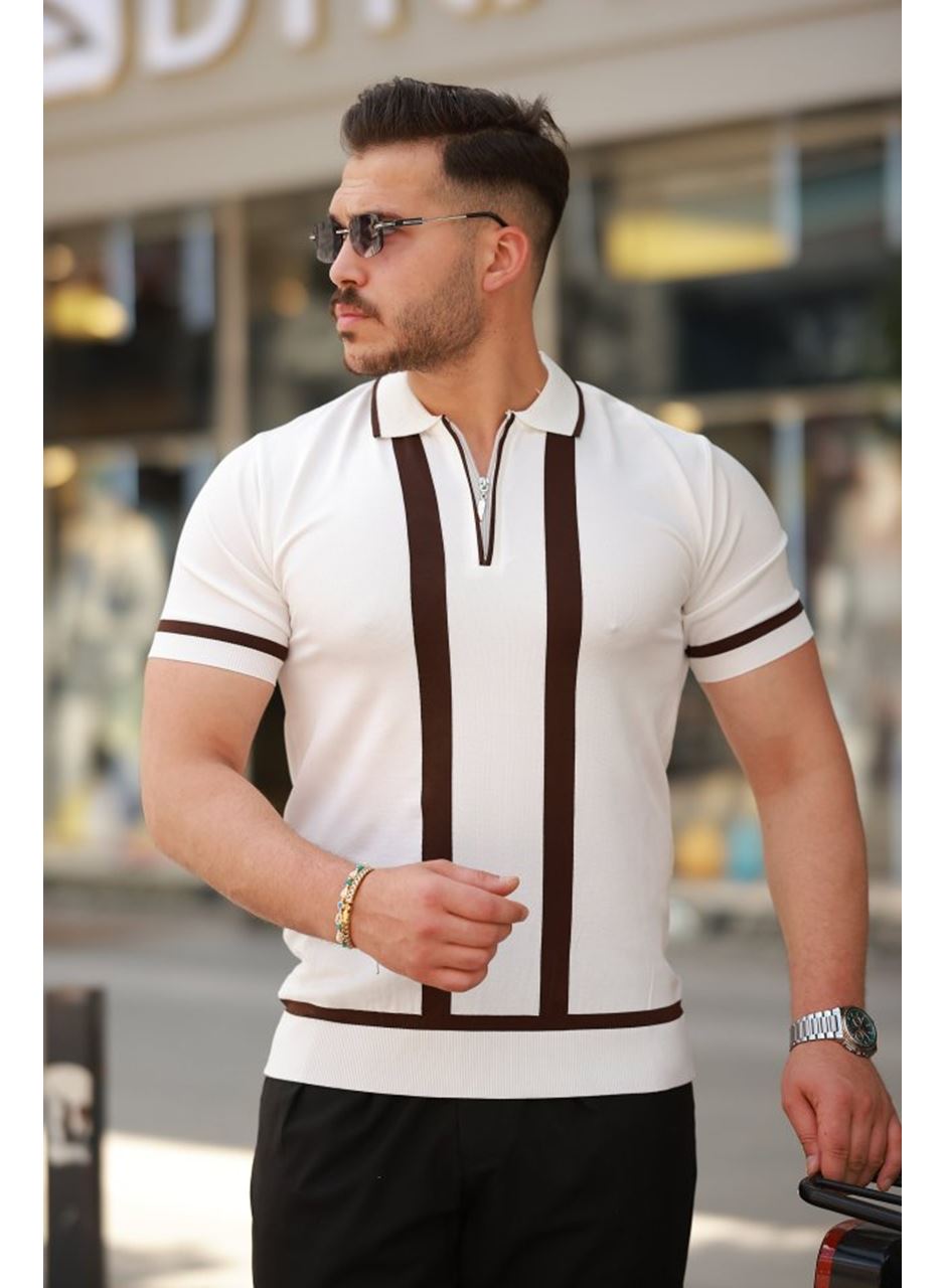 Erkek Fermuar Yakalı şerit Detaylı Kısa Kollu Tişört