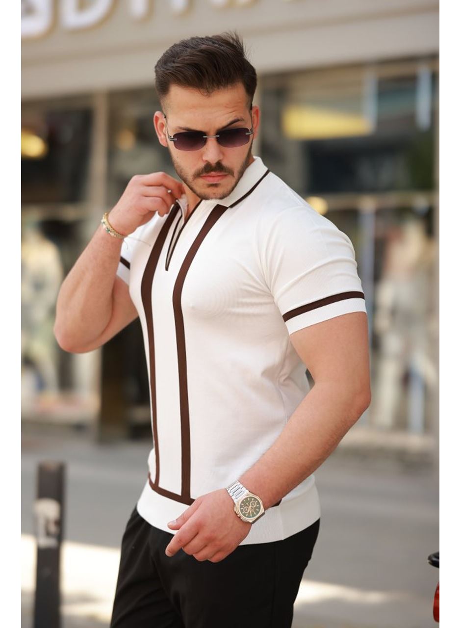 Erkek Fermuar Yakalı şerit Detaylı Kısa Kollu Tişört