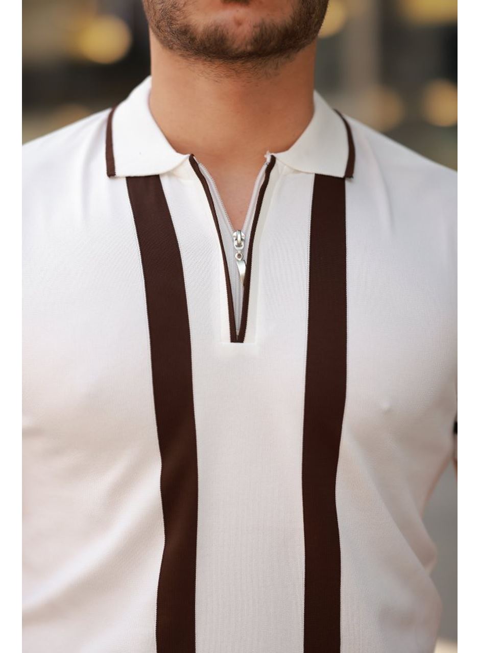 Erkek Fermuar Yakalı şerit Detaylı Kısa Kollu Tişört