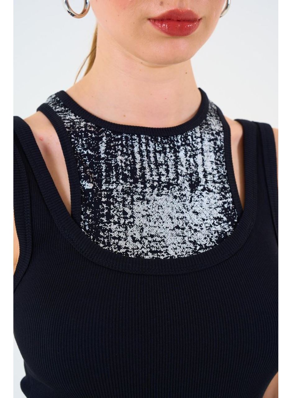 İçi Baskılı Halter Yaka Kaşkorse Atlet - Siyah