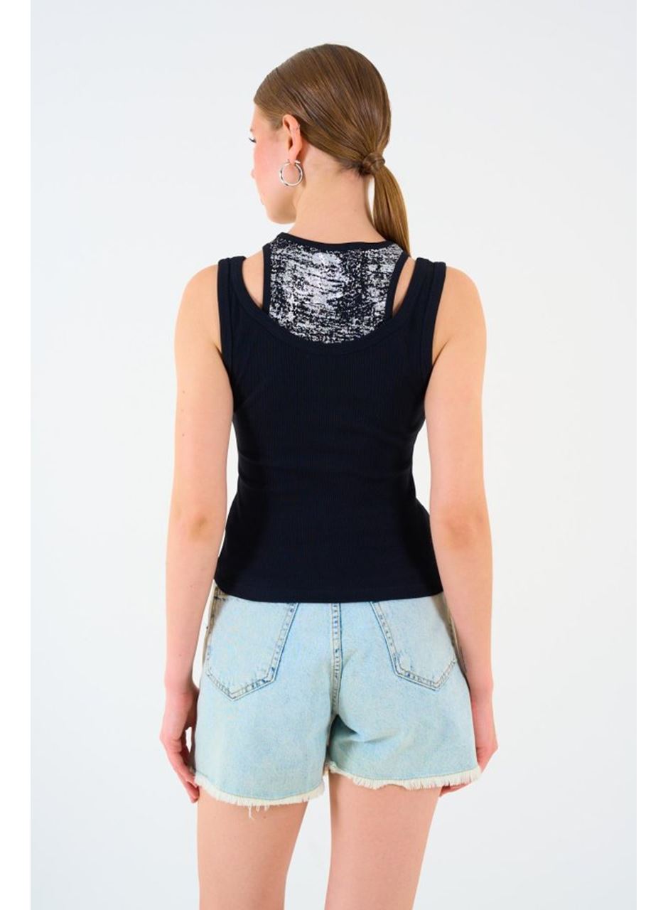 İçi Baskılı Halter Yaka Kaşkorse Atlet - Siyah