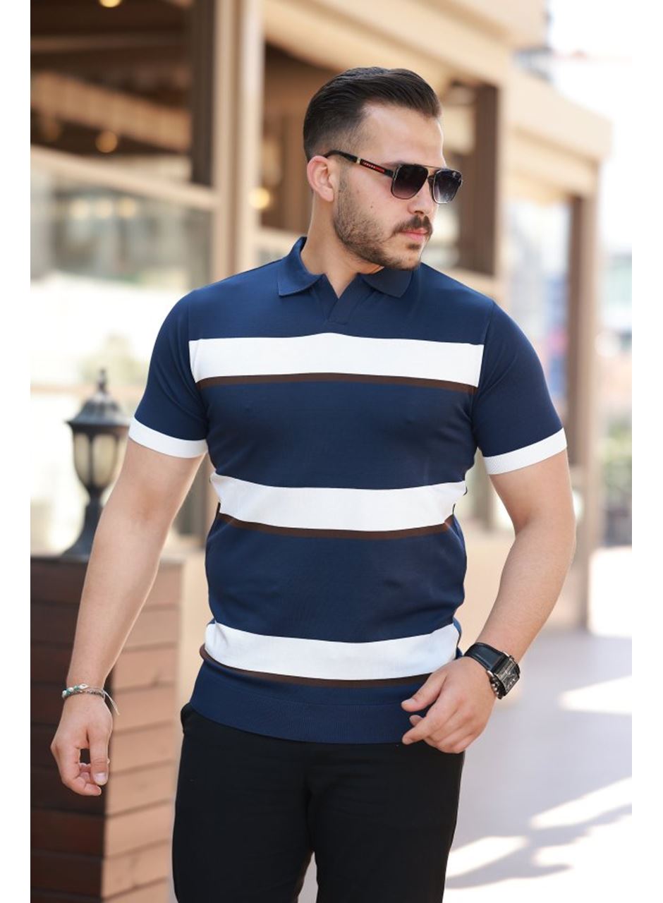 Erkek şerit Desenli Hemşire Yaka Kısa Kollu Tişört