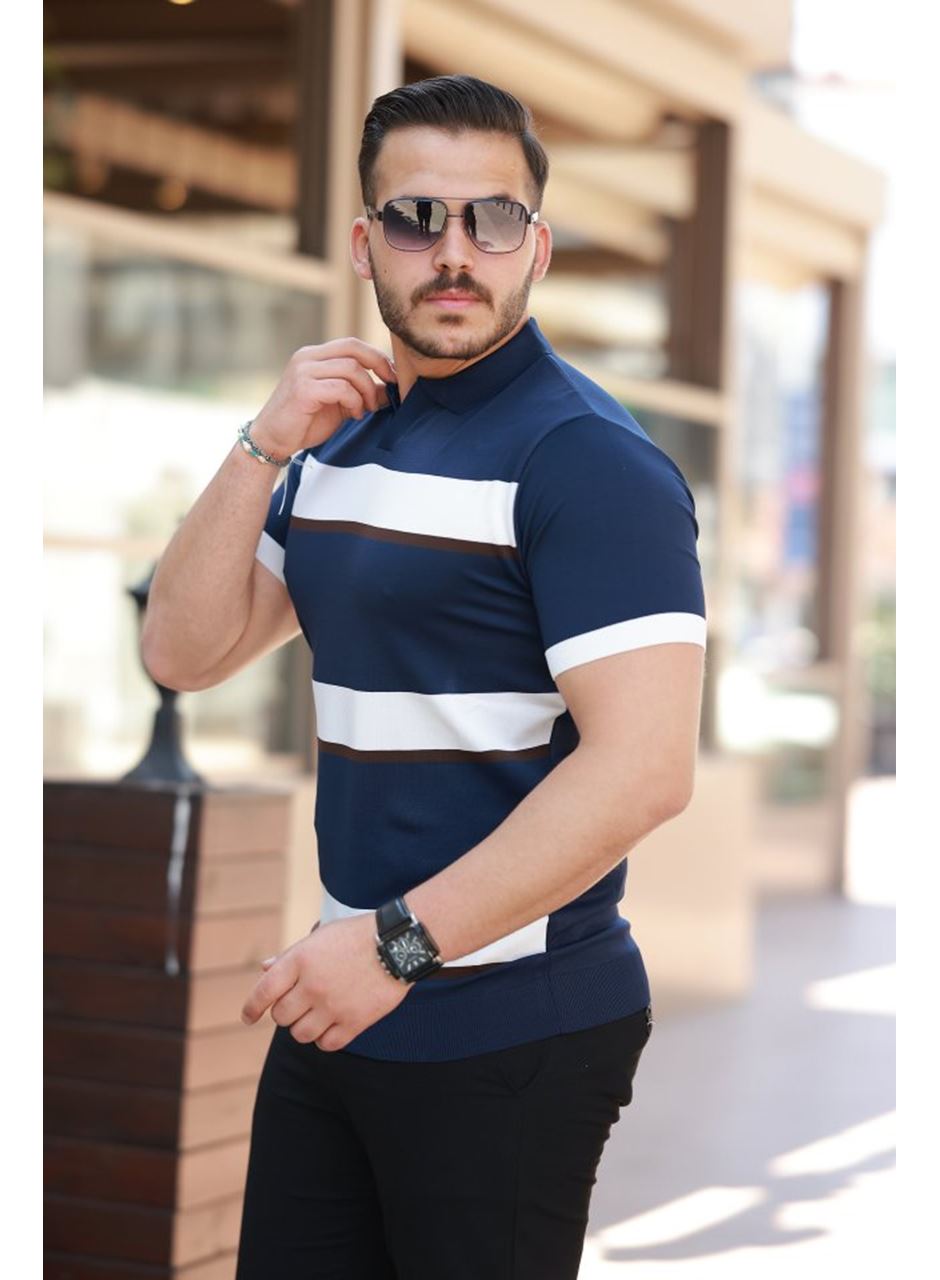 Erkek şerit Desenli Hemşire Yaka Kısa Kollu Tişört