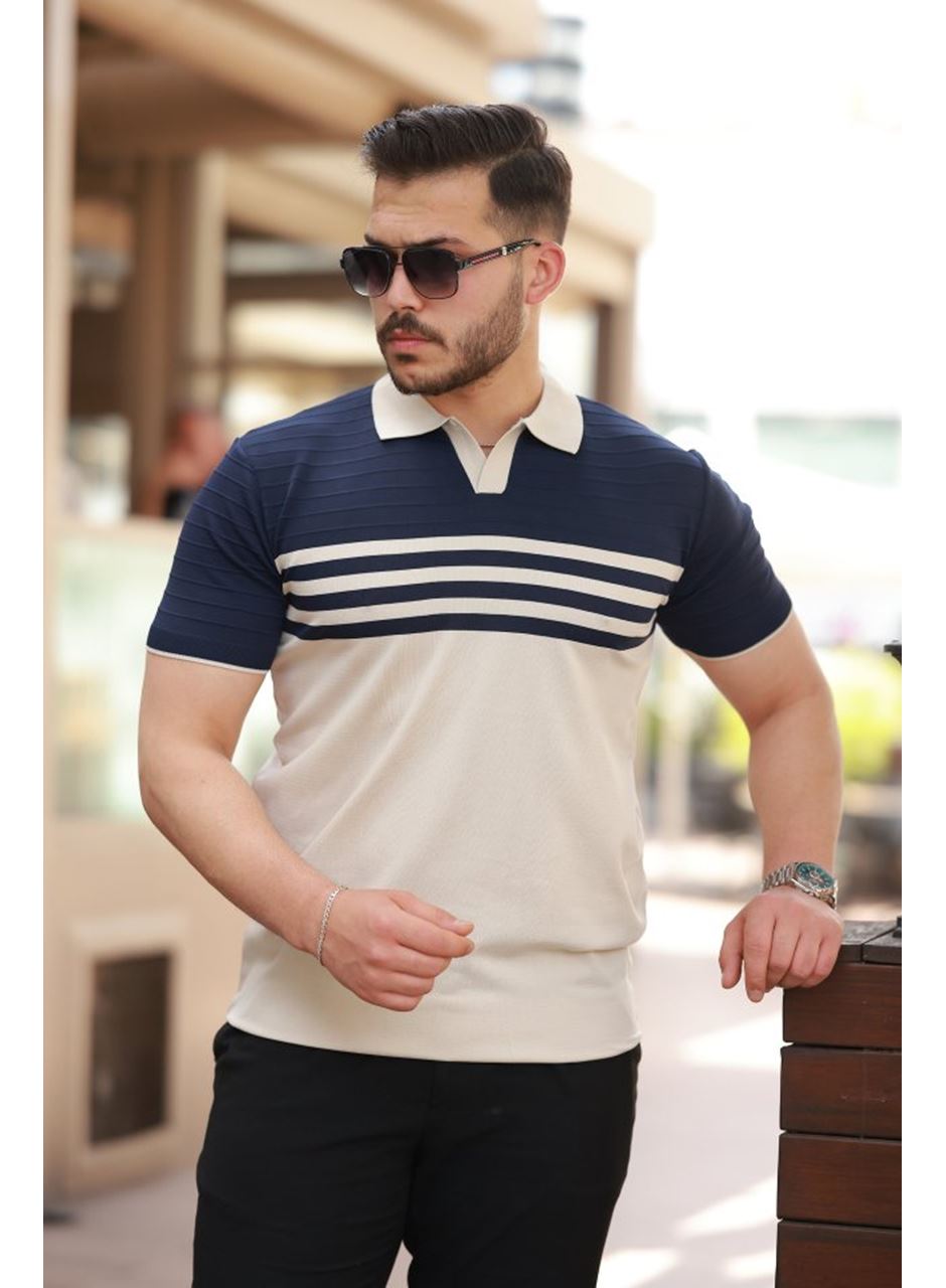 Erkek çizgi Desenli Yakalı Kısa Kollu T-shirt