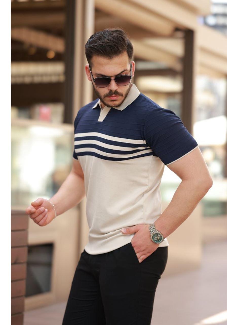 Erkek çizgi Desenli Yakalı Kısa Kollu T-shirt