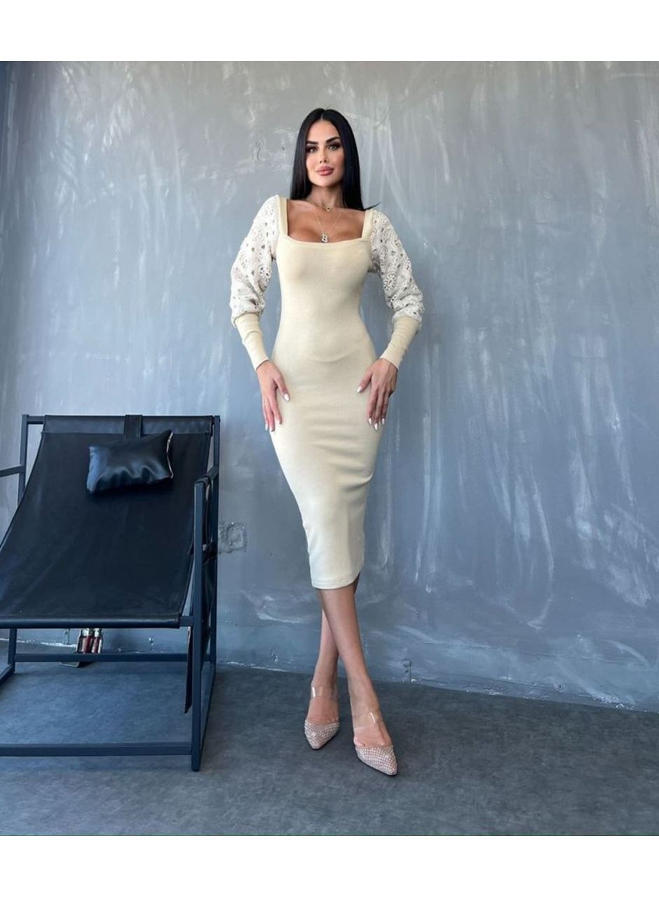 Kadın Kare Yaka Kolları Manşet Ve Tül Detay Fırsat ürün Midi Boy Elbise