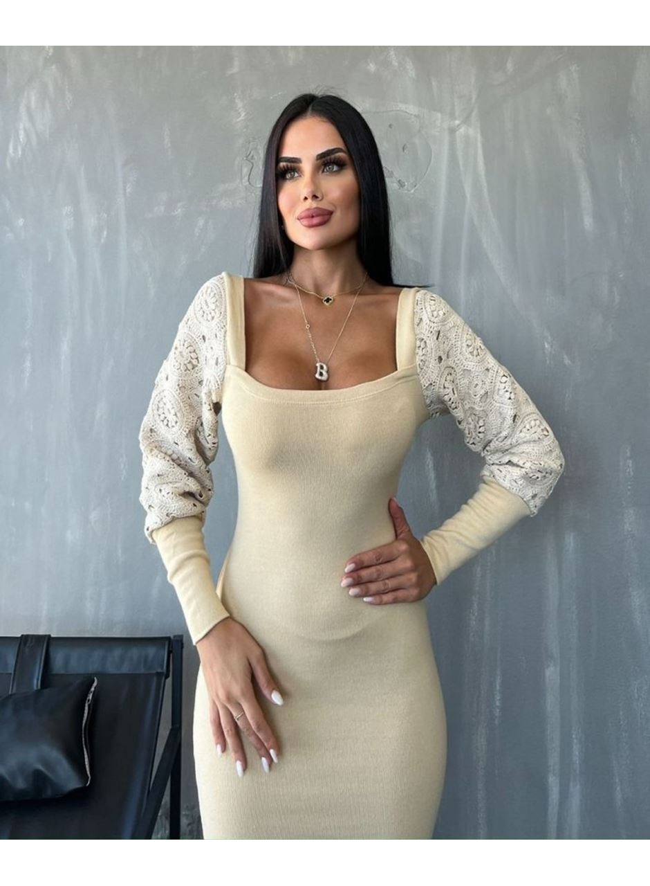 Kadın Kare Yaka Kolları Manşet Ve Tül Detay Fırsat ürün Midi Boy Elbise