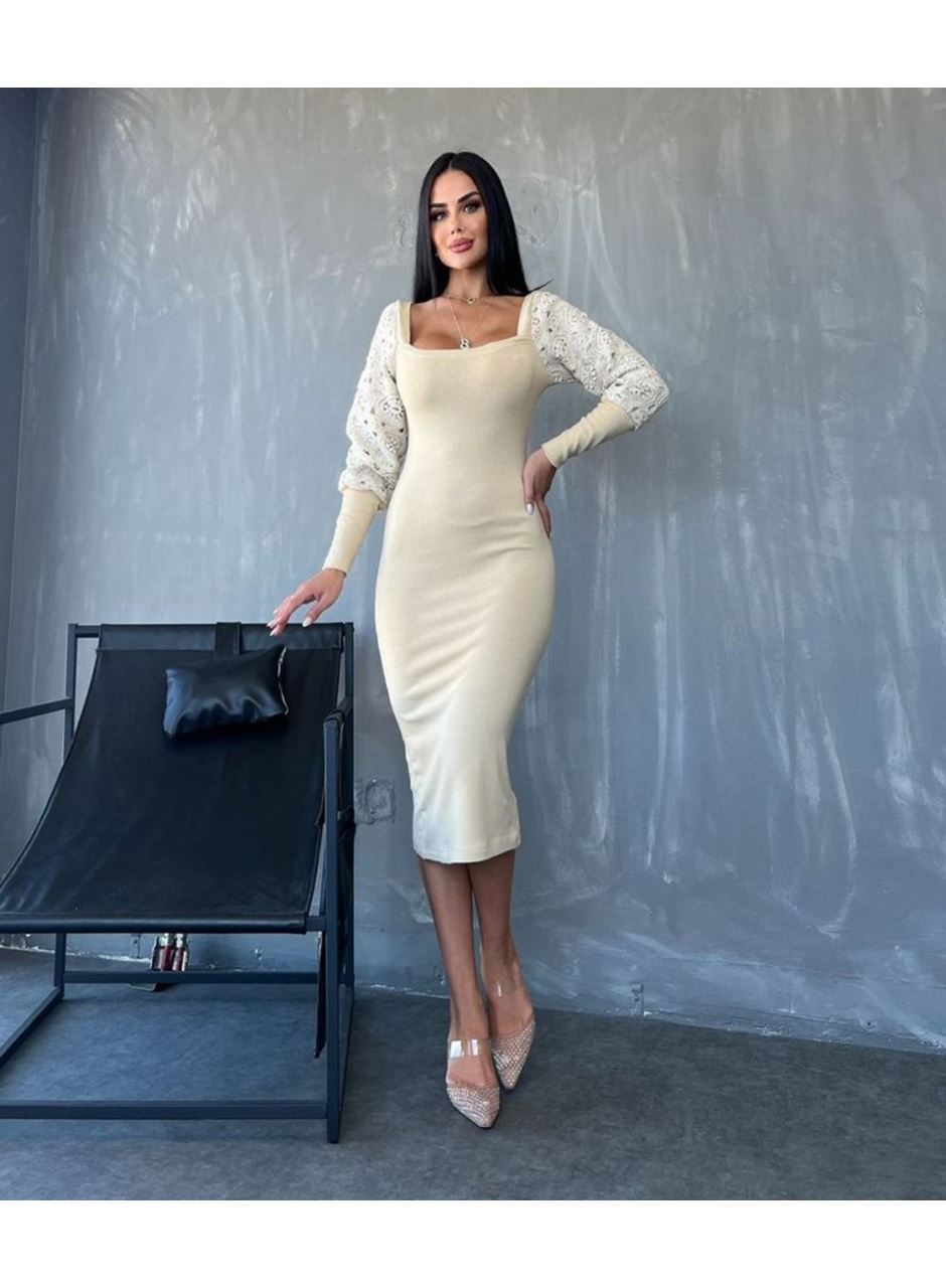 Kadın Kare Yaka Kolları Manşet Ve Tül Detay Fırsat ürün Midi Boy Elbise