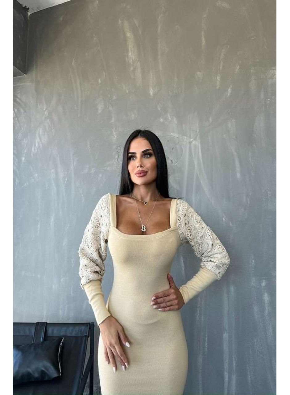 Kadın Kare Yaka Kolları Manşet Ve Tül Detay Fırsat ürün Midi Boy Elbise