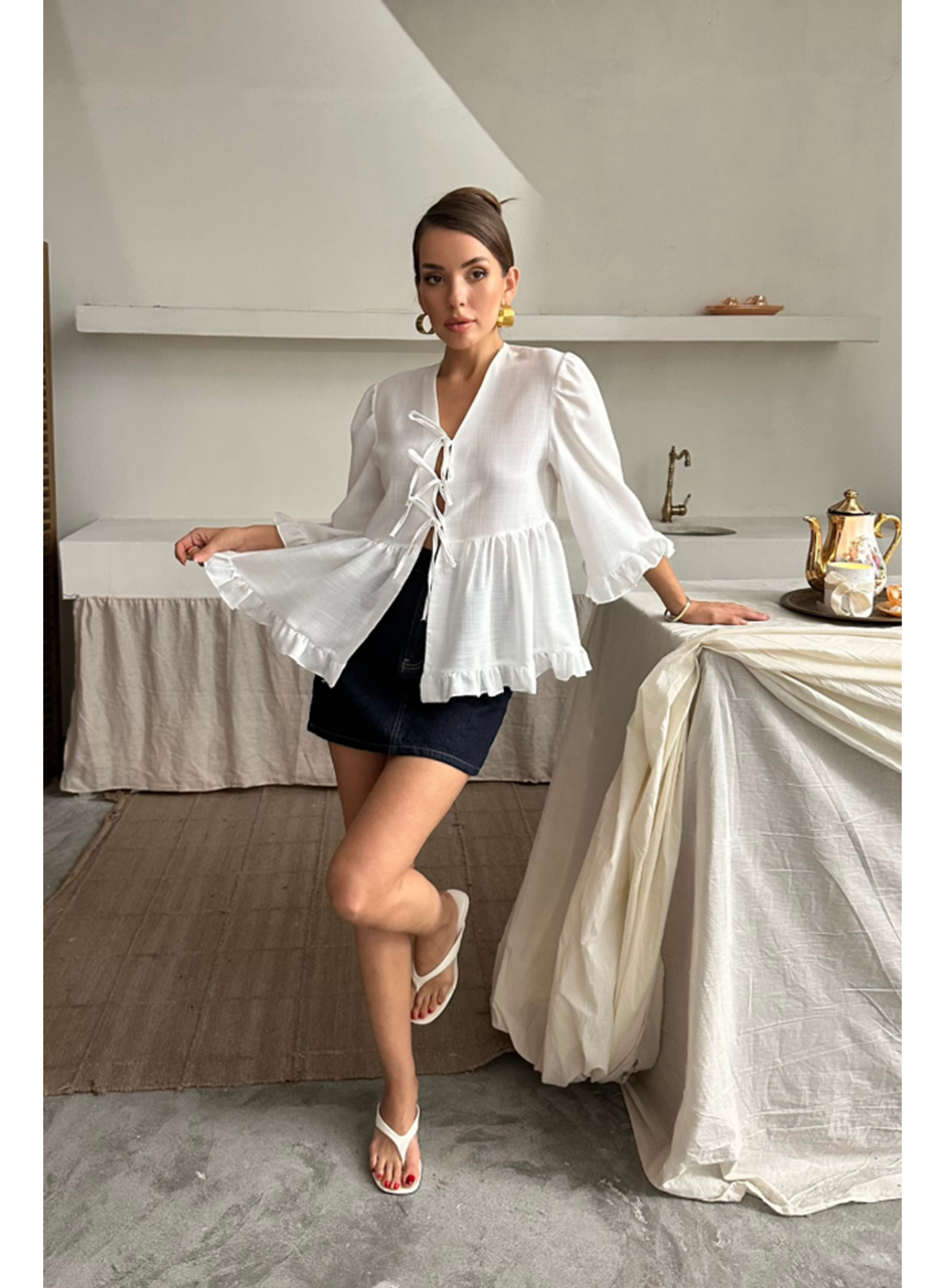 KETEN BLUZ ÖNDEN BAĞLAMALI FIRFIR DETAYLI - Beyaz
