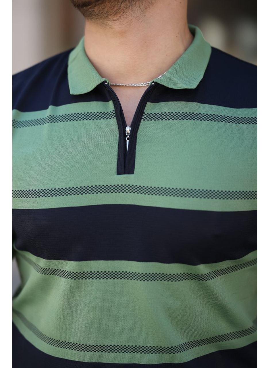 Erkek Yakalı Fermuarlı çift Renk Kısa Kollu T-shirt