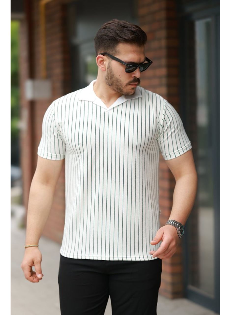 Erkek Yakalı çizgi Desenli Kısa Kollu Tişört