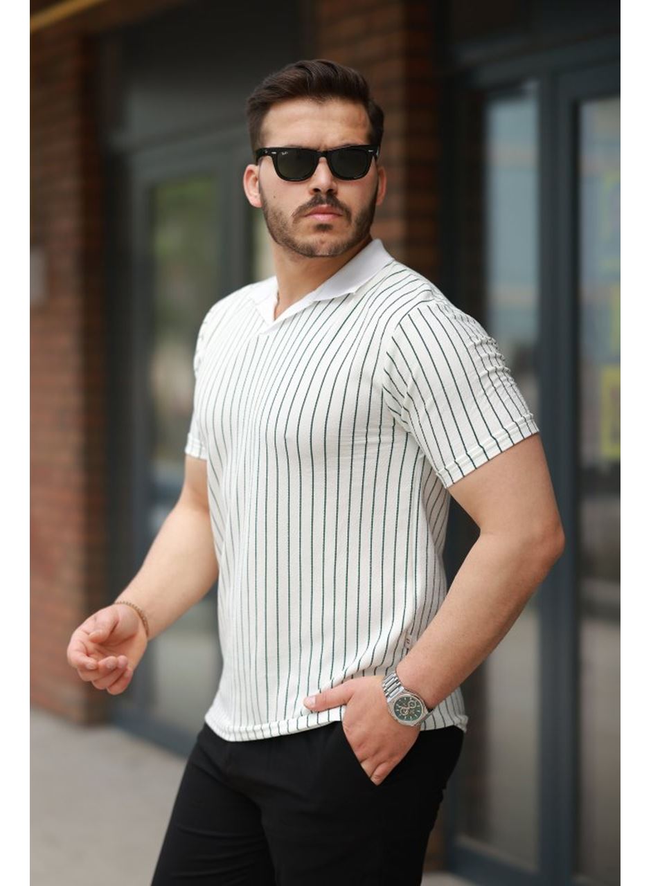 Erkek Yakalı çizgi Desenli Kısa Kollu Tişört