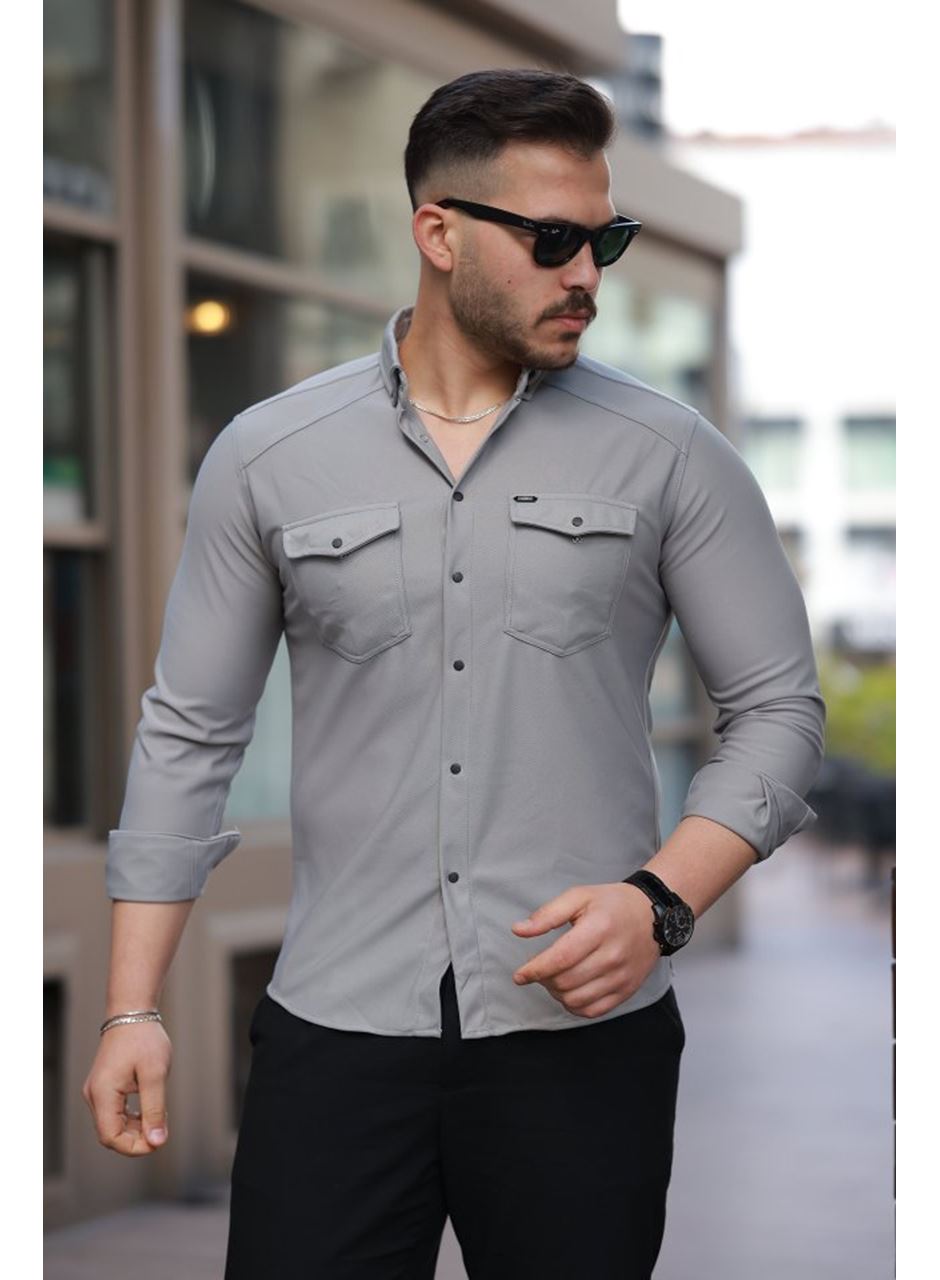 Erkek çift Cepli çıtçıt Düğmeli Uzun Kollu Gömlek
