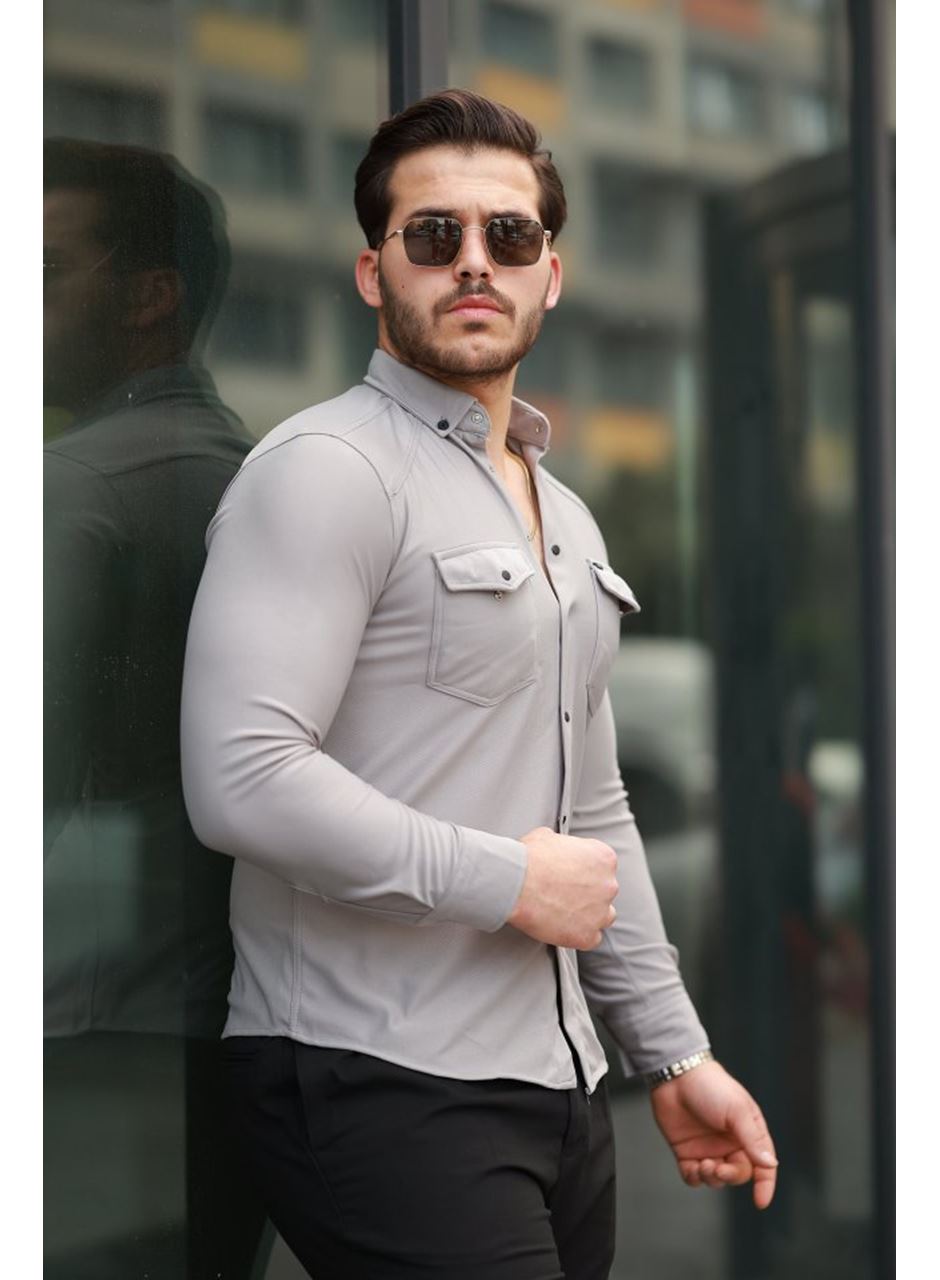 Erkek çift Cepli çıtçıt Düğmeli Uzun Kollu Gömlek