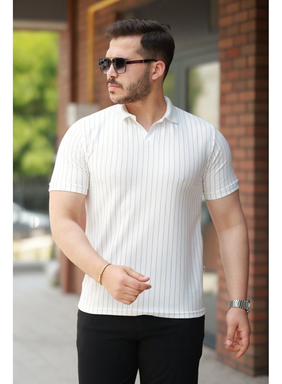 Erkek Yakalı çizgi Desenli Kısa Kollu Tişört