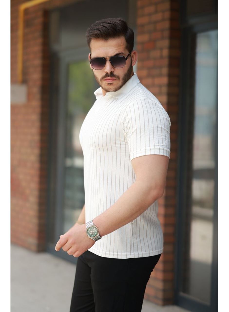Erkek Yakalı çizgi Desenli Kısa Kollu Tişört