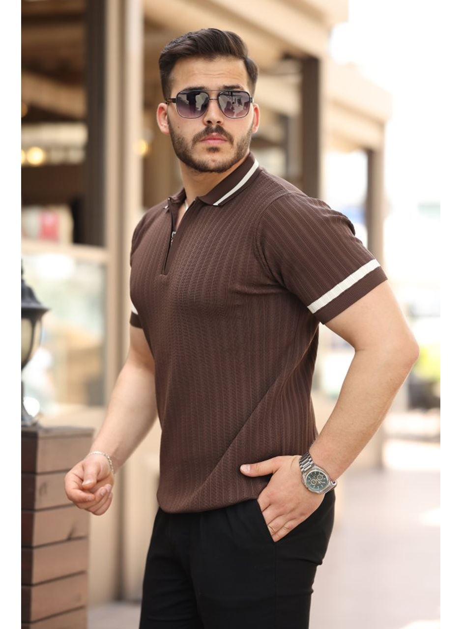 Erkek Yaka Ve Kolları çizgi Detaylı Fermuarlı Kısa Kollu T-shirt