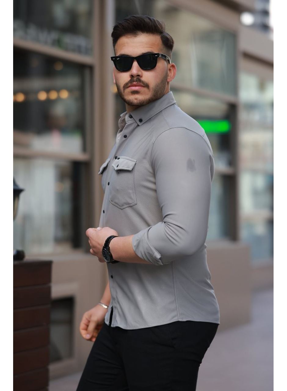 Erkek çift Cepli çıtçıt Düğmeli Uzun Kollu Gömlek