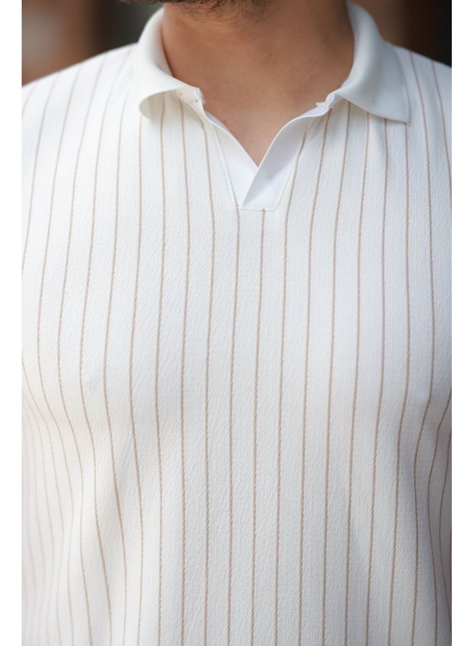 Erkek Yakalı çizgi Desenli Kısa Kollu Tişört