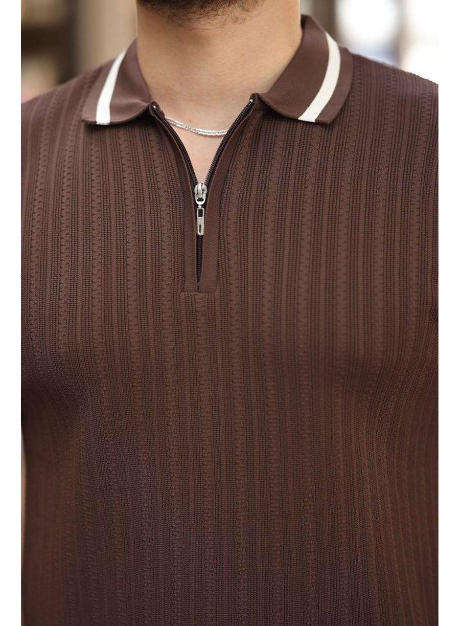 Erkek Yaka Ve Kolları çizgi Detaylı Fermuarlı Kısa Kollu T-shirt