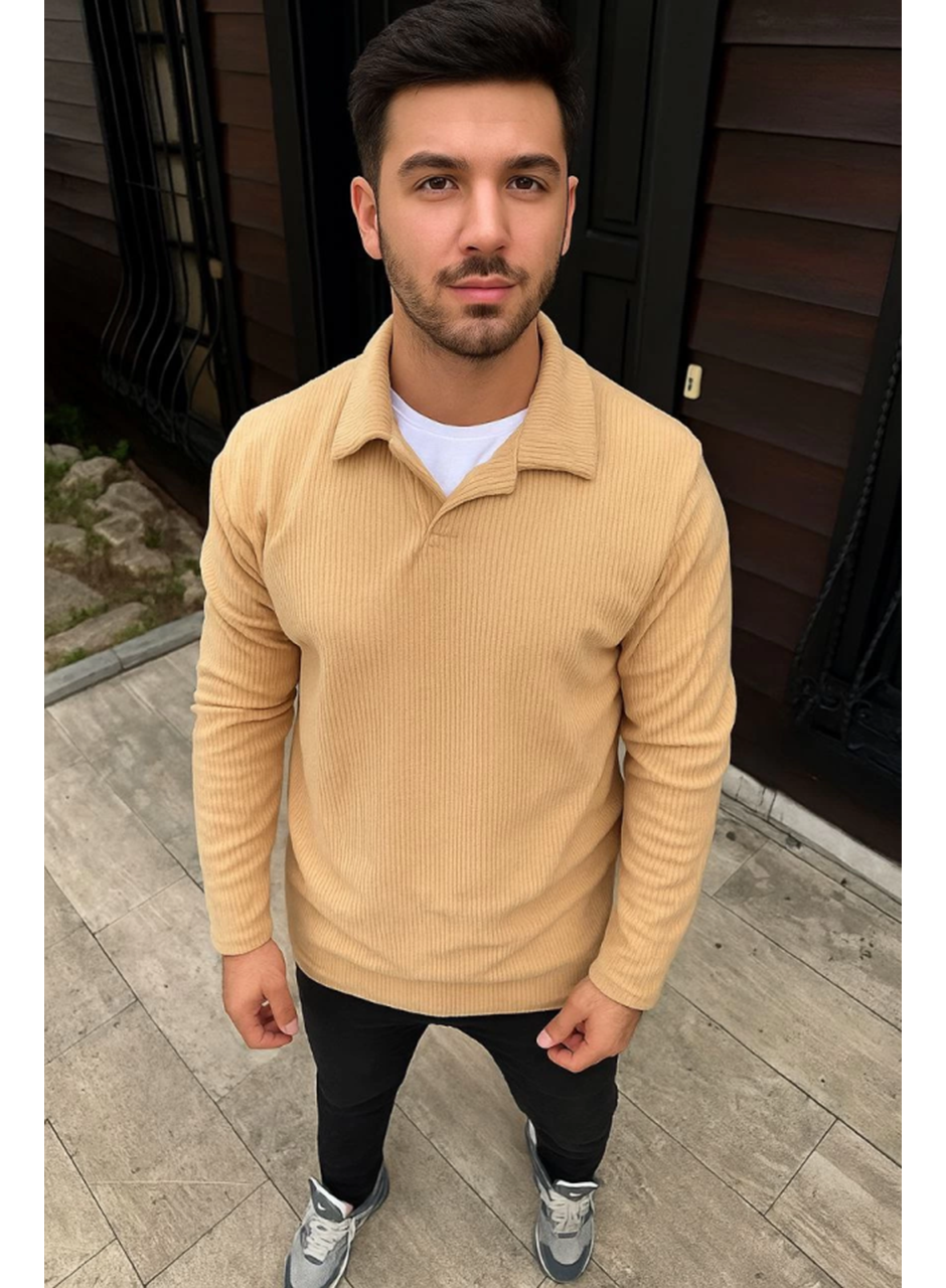 Erkek Fitilli Polar Sweatshirt – Düğmesiz Polo Yaka, Oversize Rahat Kalıp, Kalın Polar Kumaş, Kışlık Ve Baharlık Şık Günlük Üst - Bej