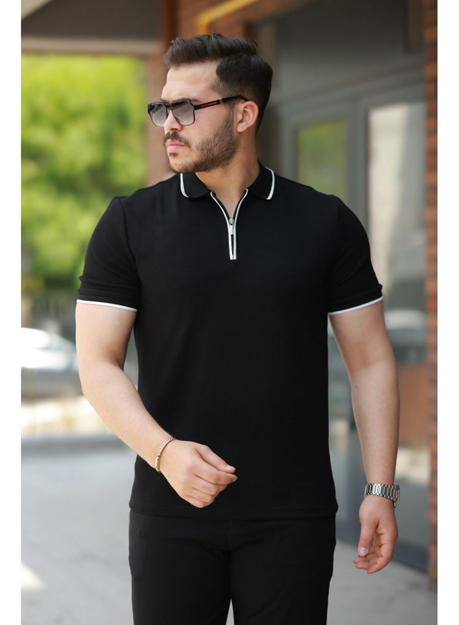 Erkek Fermuar Yakalı çizgi Detaylıkısa Kollu Tişört