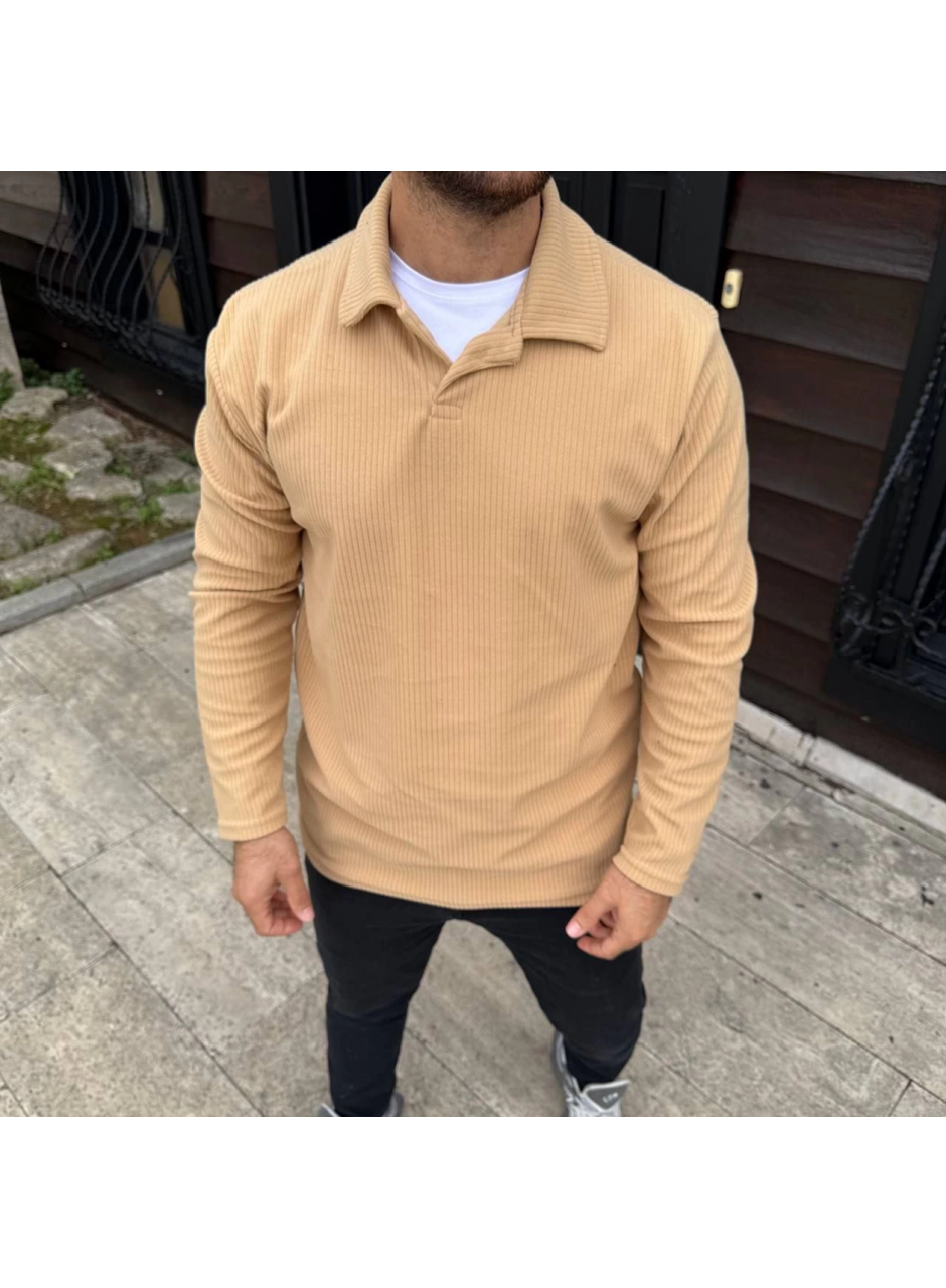 Erkek Fitilli Polar Sweatshirt – Düğmesiz Polo Yaka, Oversize Rahat Kalıp, Kalın Polar Kumaş, Kışlık Ve Baharlık Şık Günlük Üst - Bej