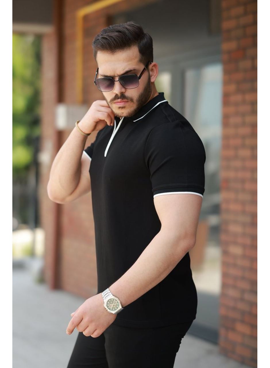 Erkek Fermuar Yakalı çizgi Detaylıkısa Kollu Tişört