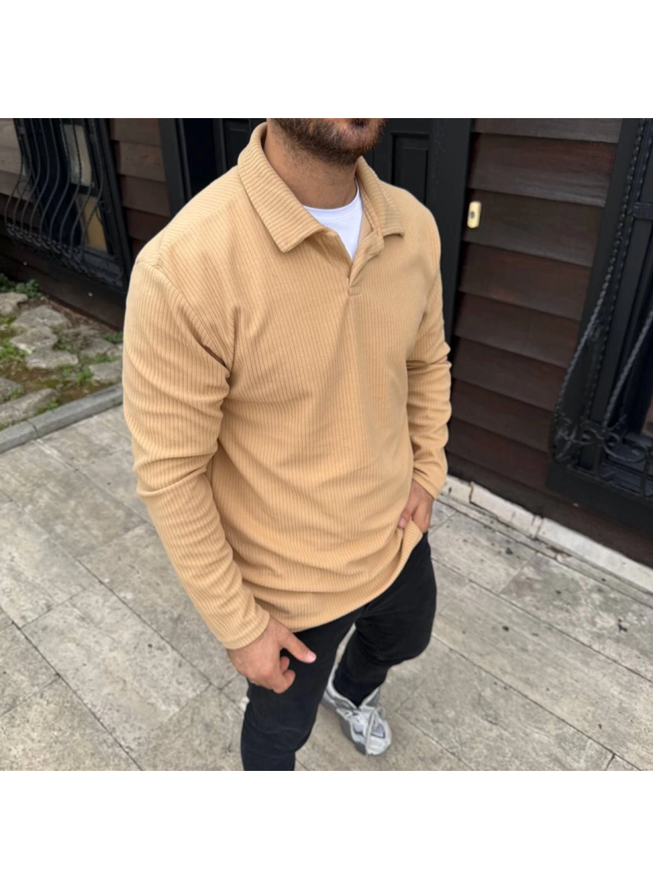 Erkek Fitilli Polar Sweatshirt – Düğmesiz Polo Yaka, Oversize Rahat Kalıp, Kalın Polar Kumaş, Kışlık Ve Baharlık Şık Günlük Üst - Bej