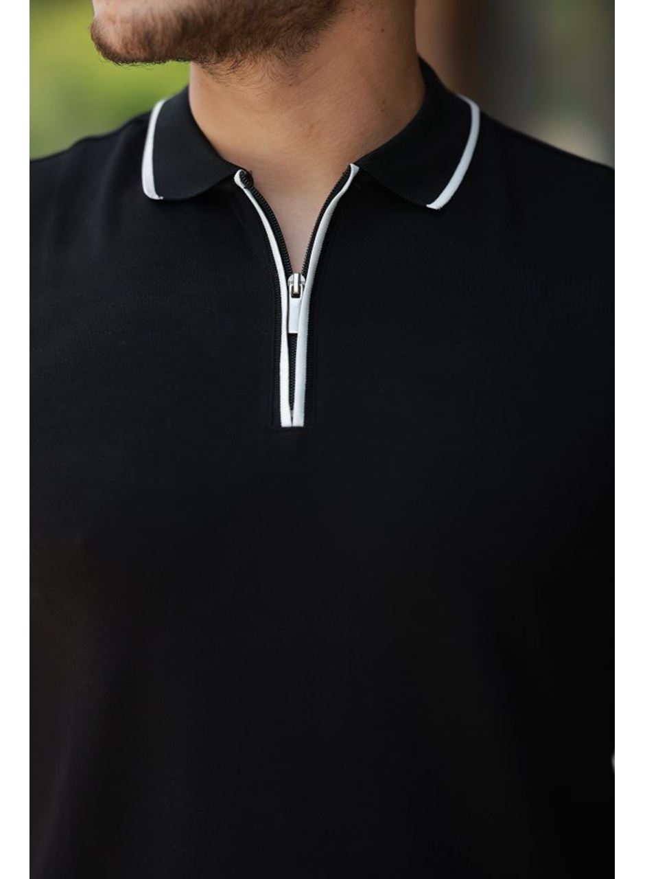 Erkek Fermuar Yakalı çizgi Detaylıkısa Kollu Tişört