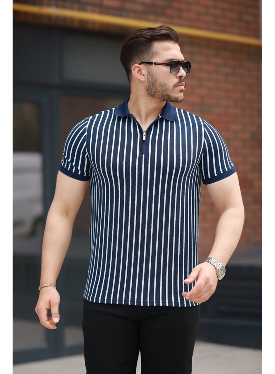 Erkek çizgili Fermuar Yakalı Kısa Kollu Tişört
